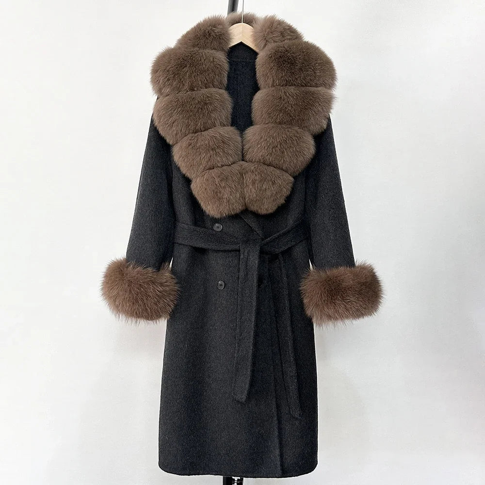 Wool Blends Coat Fashion Long Natural Warm Real Fox Fur Jacket