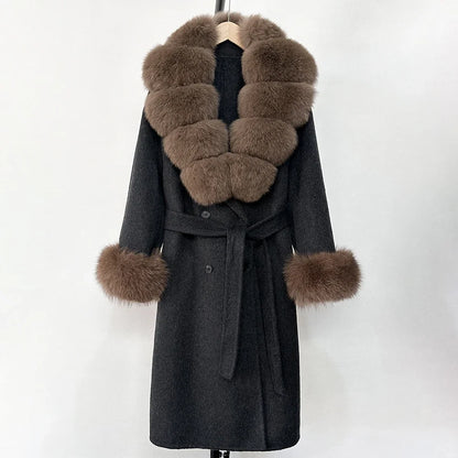 Wool Blends Coat Fashion Long Natural Warm Real Fox Fur Jacket