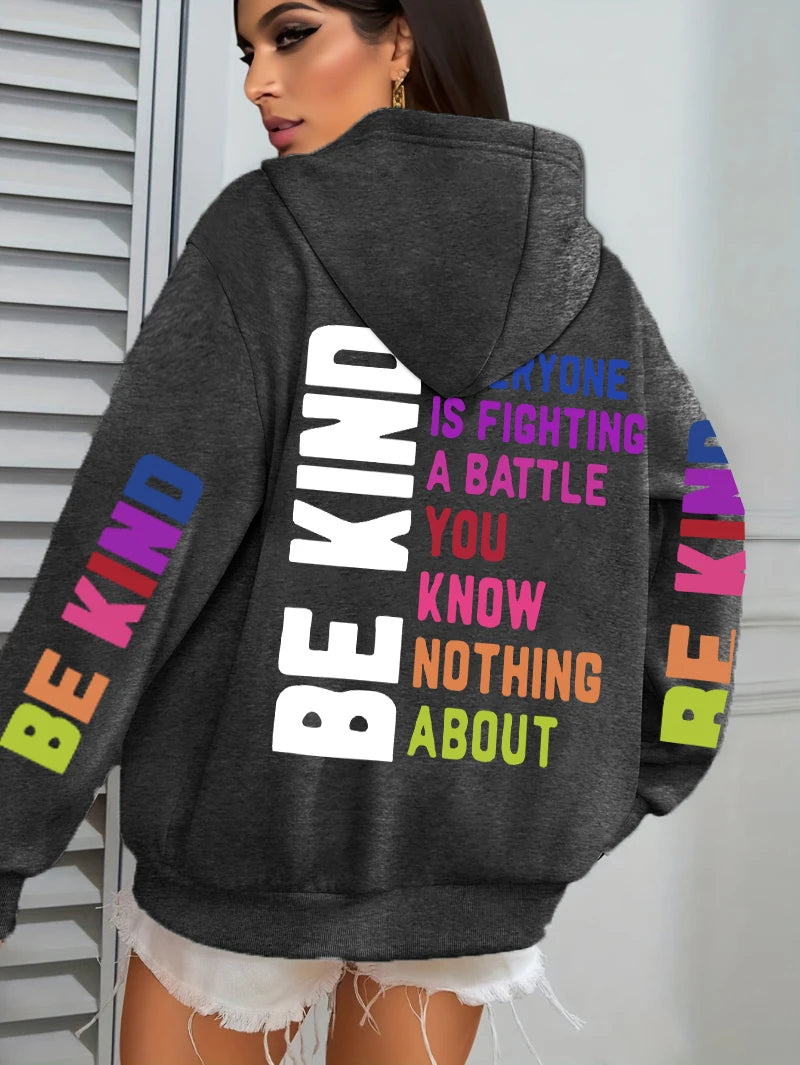 Be Kind Hoodies Women Letter Prints Winter Fleece Warm