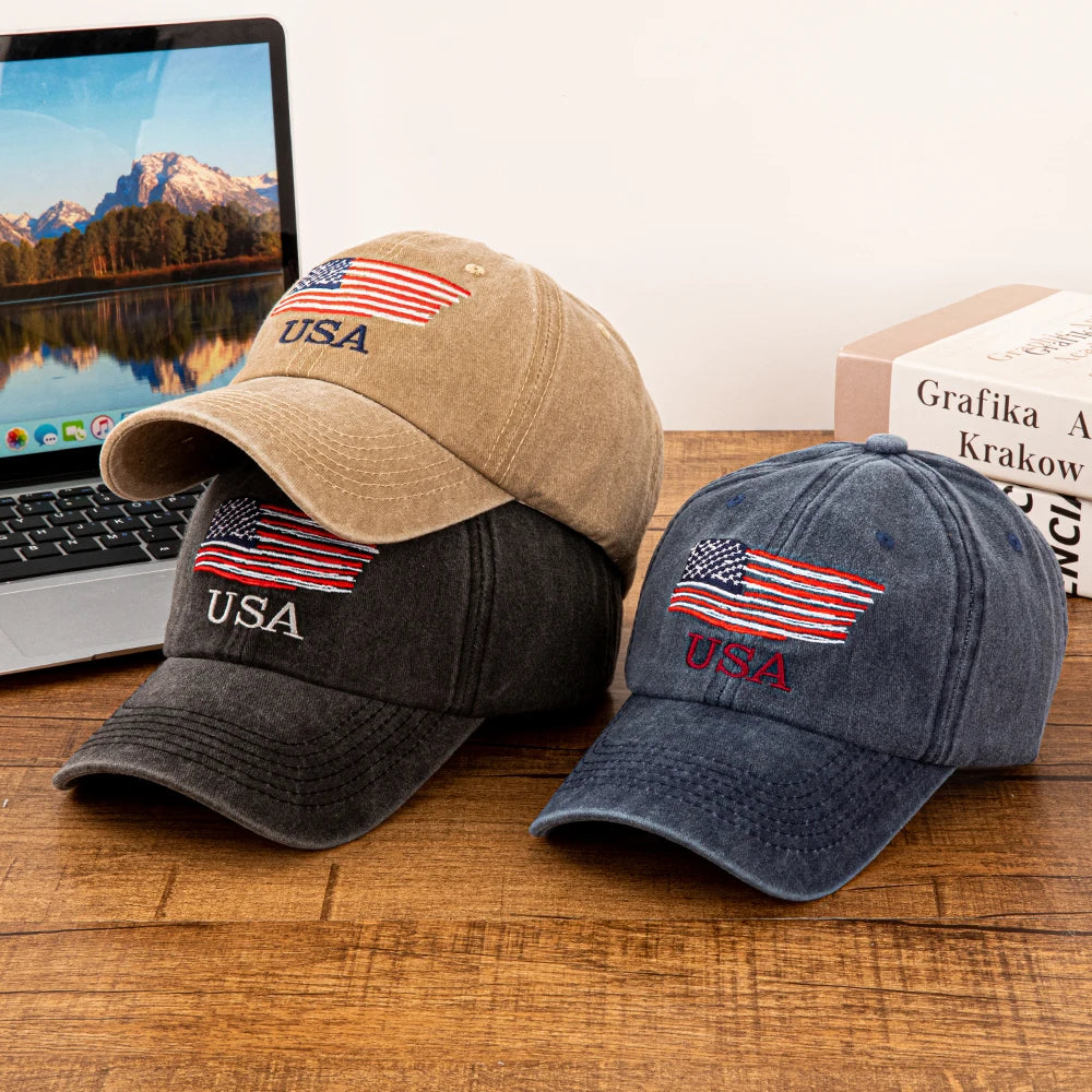 USA American Flag Embroidered Washed Cotton Baseball Cap