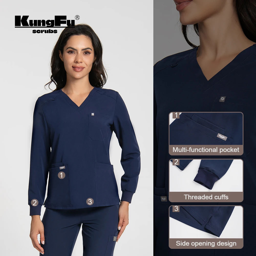 KUNGFU SCRUBS Women Long-sleeved Scrub Tops Nursing T-shirt