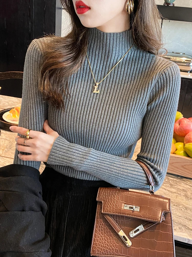Elegant Solid Basic Knitted Tops Women Turtlneck