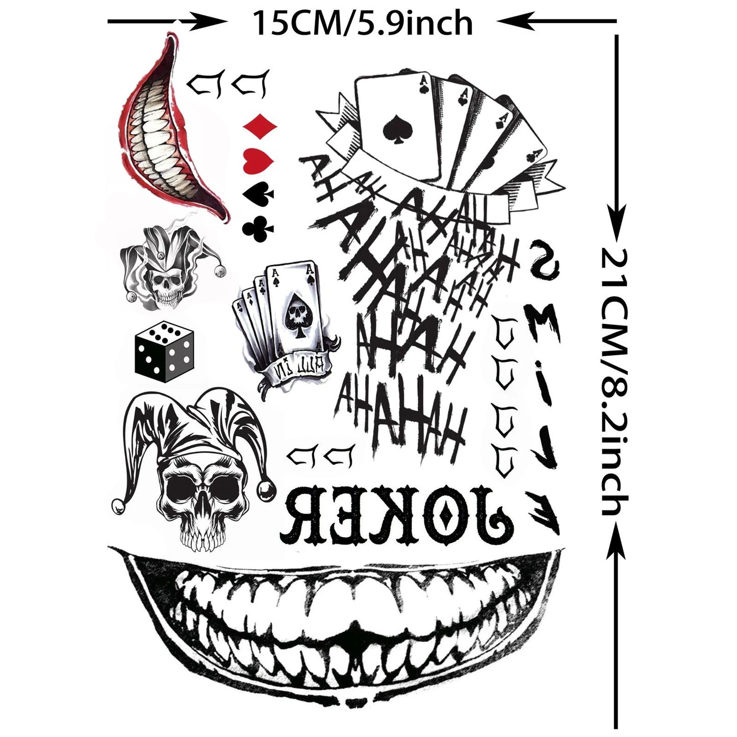 5 Sheets Crazy Joker Halloween Tattoos Evil Skull