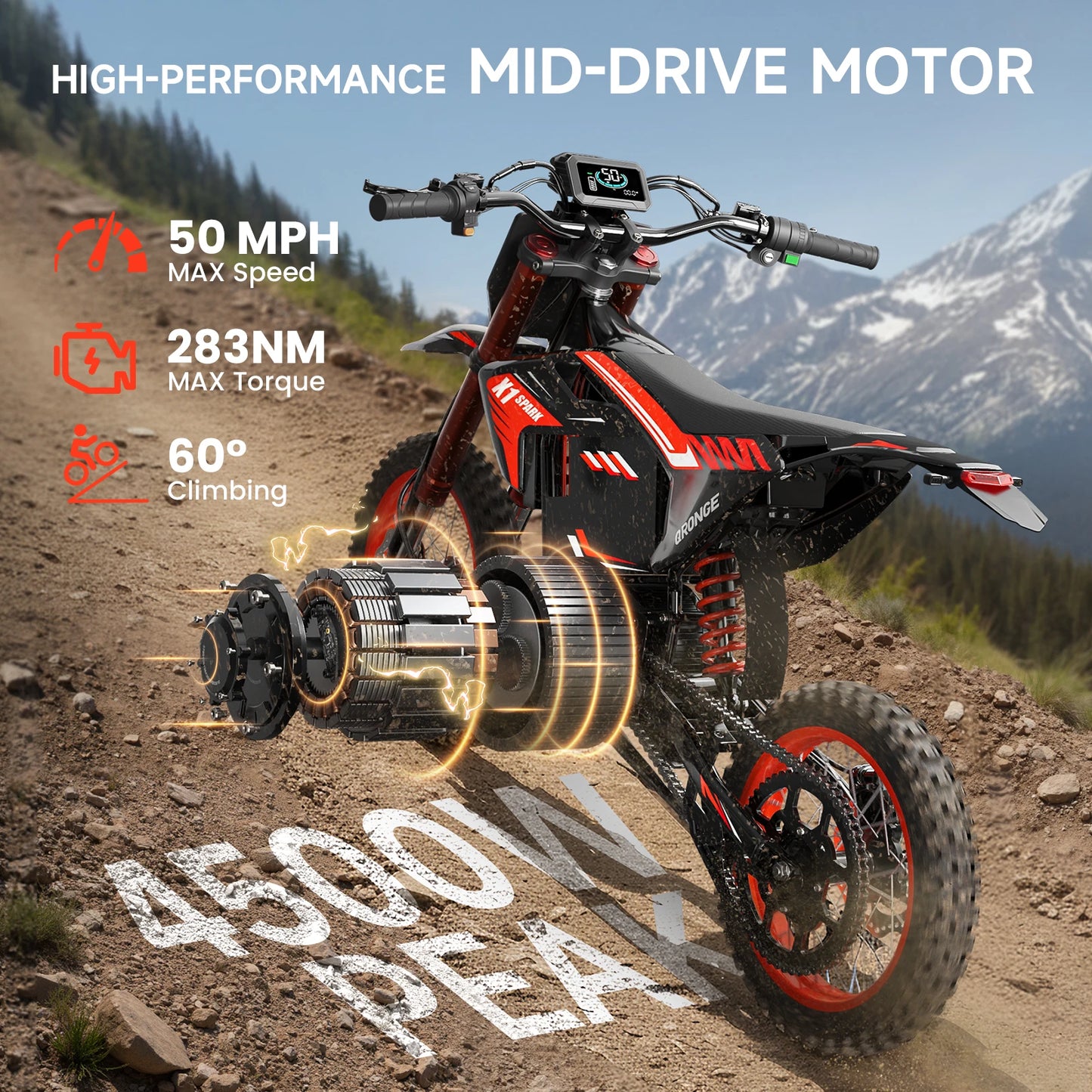 QRONGE X1 Spark Electric Dirt Bike 4500W Peak&Up to 60 Miles 50MPH