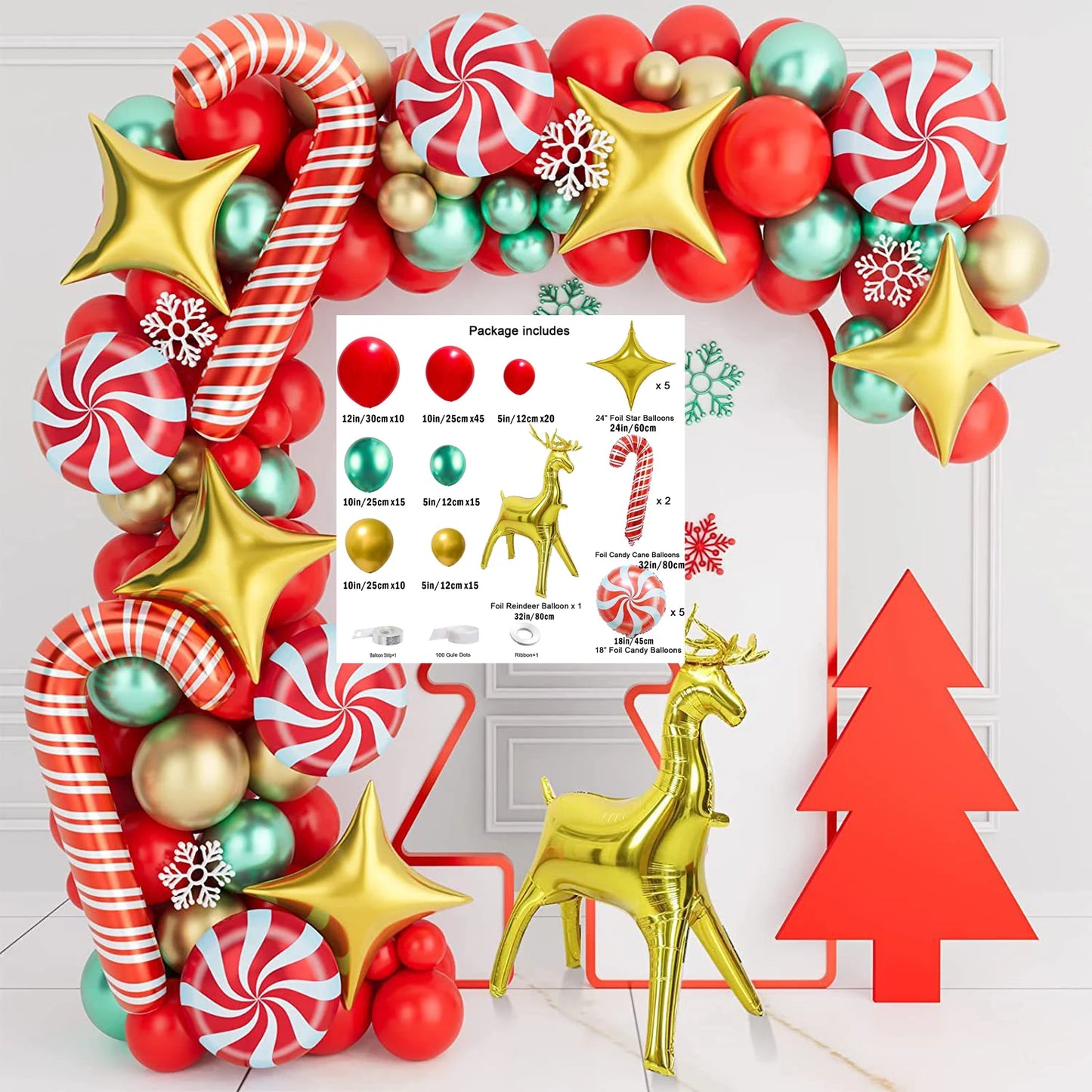 Christmas crutches, candy, golden deer, balloon decoration