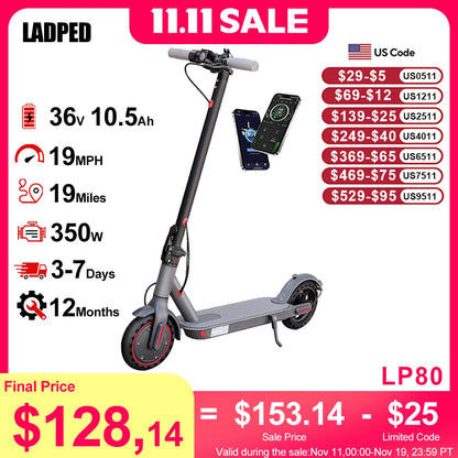 LADPED Electric Scooter 350W 19mph APP Smart Scooter