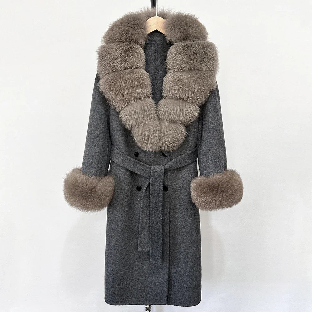Wool Blends Coat Fashion Long Natural Warm Real Fox Fur Jacket
