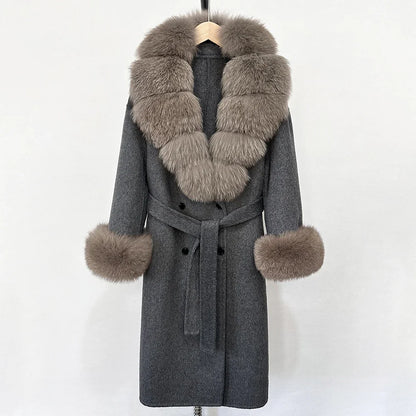 Wool Blends Coat Fashion Long Natural Warm Real Fox Fur Jacket