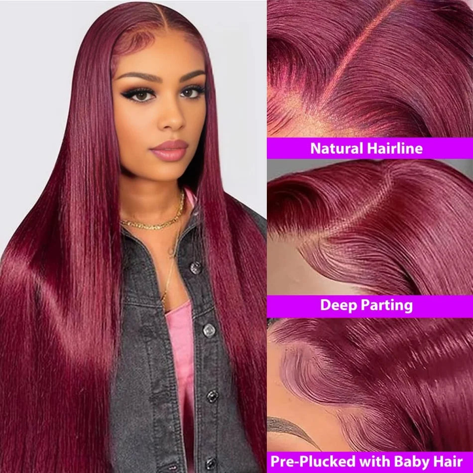 99J Burgundy 13X6 Hd Lace Frontal Human Hair Wig Straight Human Hair Wigs Brazilian Deep Wave Lace Front Wig 30 Inch 250 Density