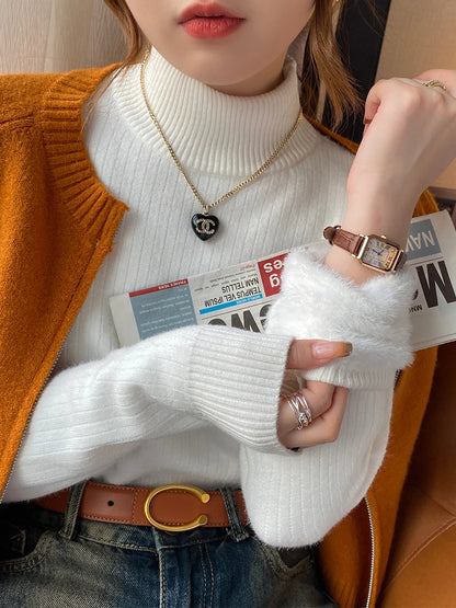 Women's Turtleneck Sweater Winter 2025 Retro with Velvet Lining