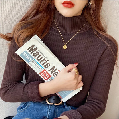 Women's Turtleneck Sweater Winter 2025 Retro with Velvet Lining