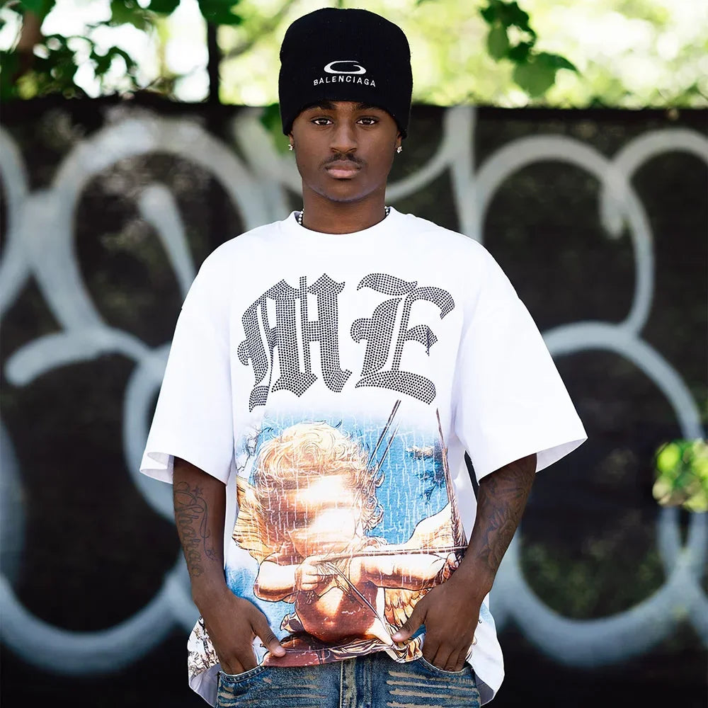 New Summer Letter Rhinestone Short Sleeve Black Men's T-Shirt