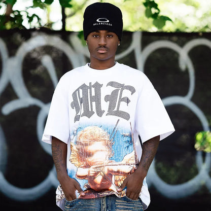 New Summer Letter Rhinestone Short Sleeve Black Men's T-Shirt