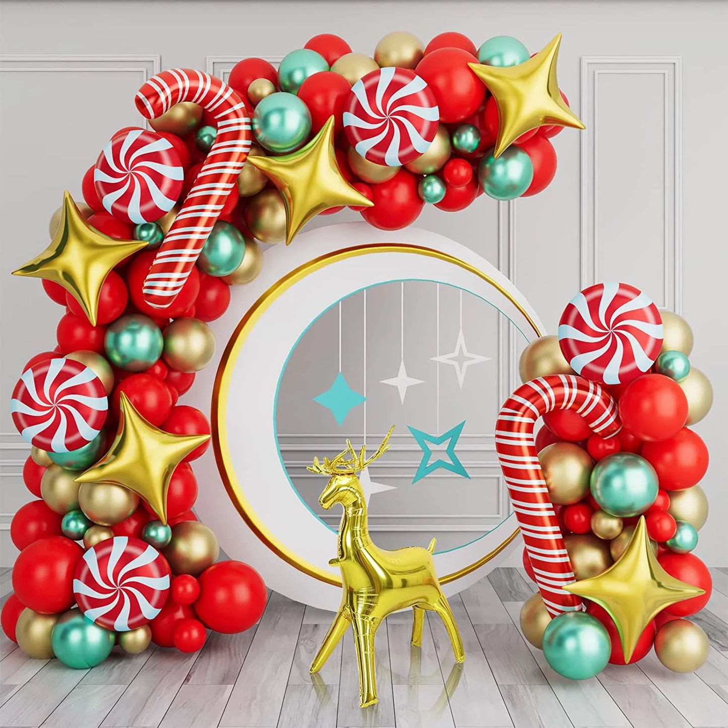 Christmas crutches, candy, golden deer, balloon decoration