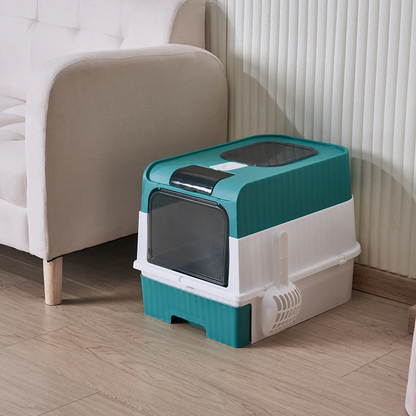 Portable Collapsible Cat Litter Pan with Splash Guard and Plastic Scoop -