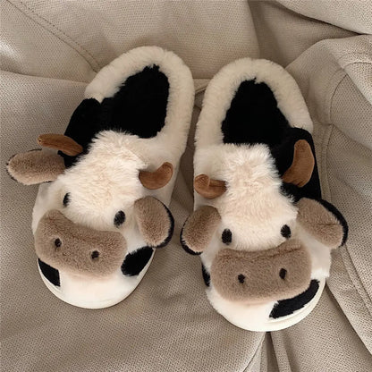 Winter Home Slippers for Couples Warm Plush Neutral Cartoon Cow I