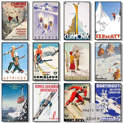 Retro Zermatt Chamonix Skiing Art Poster Vintage Australia