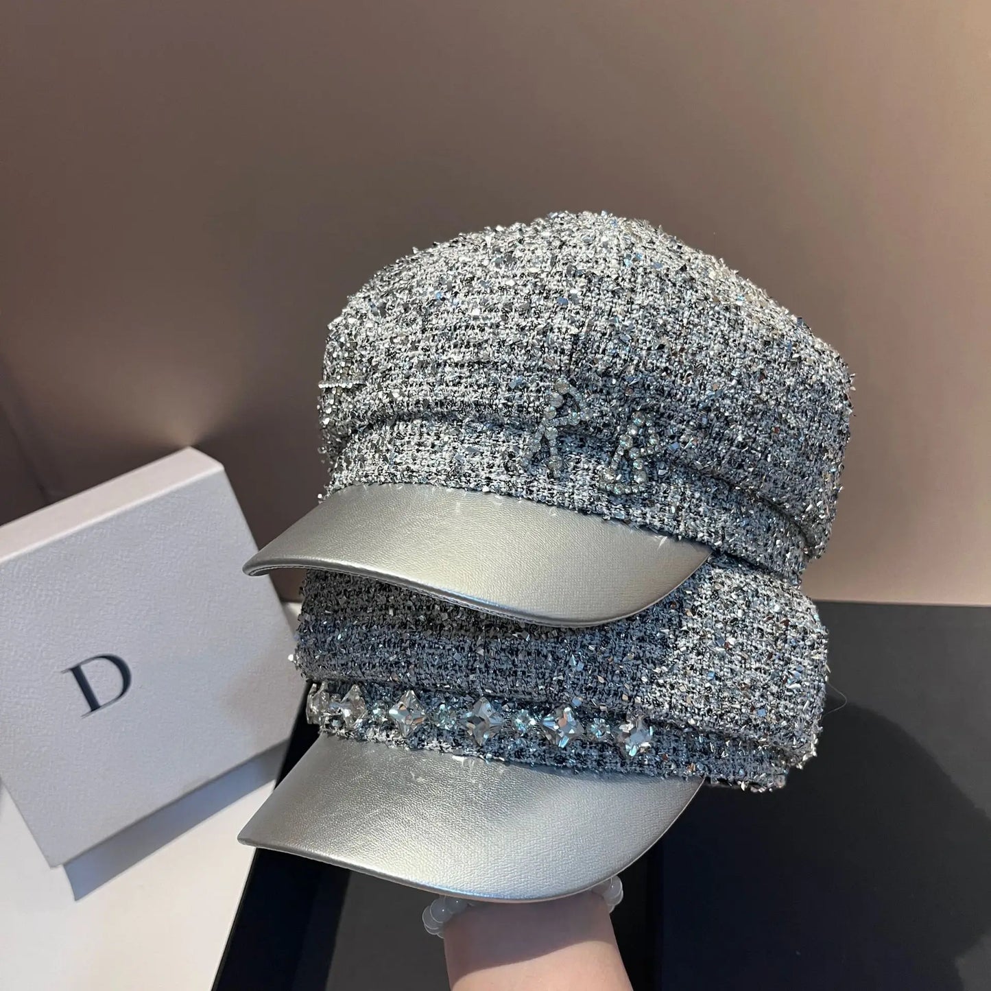 Navy Military Cap Silver Foil Trim RB Faux Leather Brim