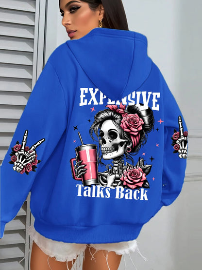 Expensive Talks Back Funny Printing Womens Hoodie Loose Multicolor