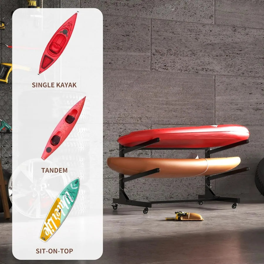 Heavy Duty Kayak Storage Rack with Wheels and Adjustable Feet Garage Outdoor