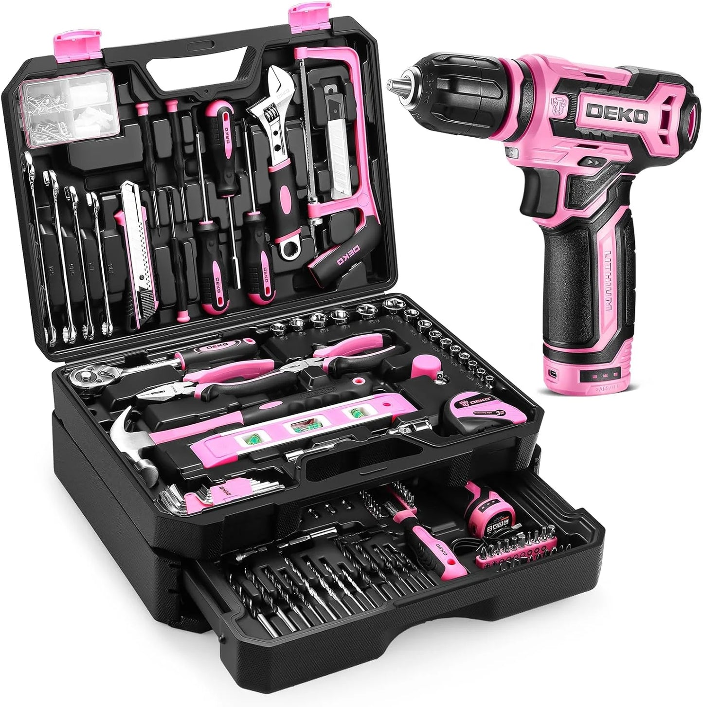 DEKO Home Mechanic Toolbox with 12V Power Cordless Drill Hand