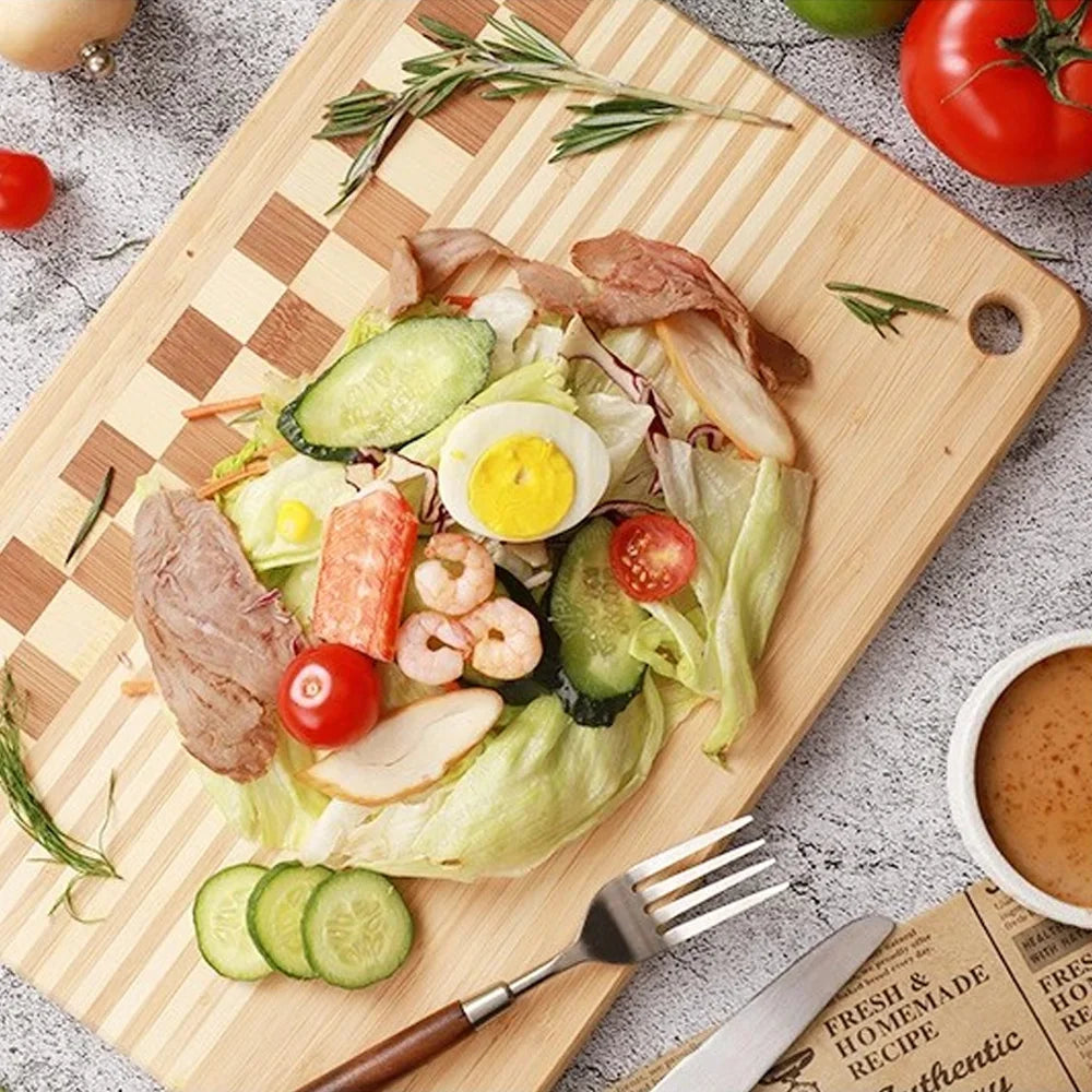 bamboo cutting board, checkerboard steak plate,