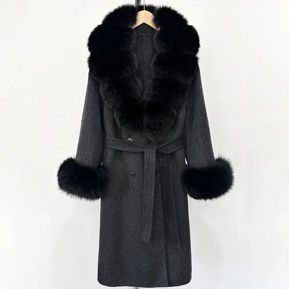Wool Blends Coat Fashion Long Natural Warm Real Fox Fur Jacket