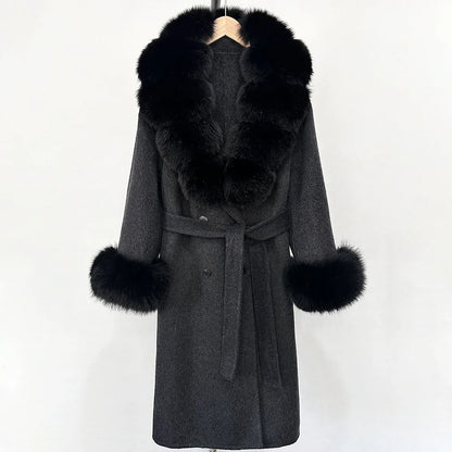 Wool Blends Coat Fashion Long Natural Warm Real Fox Fur Jacket