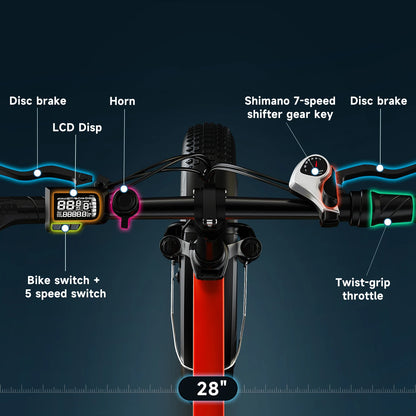48V 20AH 20” Fat Tire Removable Battery E-Bike, 1000W Peak 7- Speed shift City travel Electric Bike, 30MPH+ 80 Miles Max Range