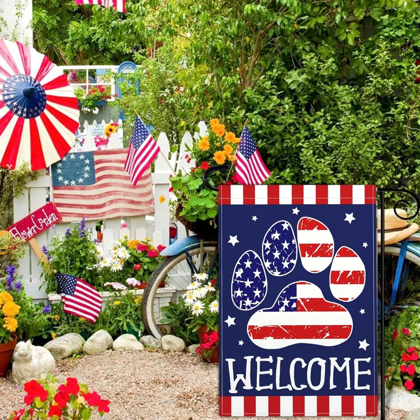 4th of July Patriotic Garden Flag Welcome Funny Dog
