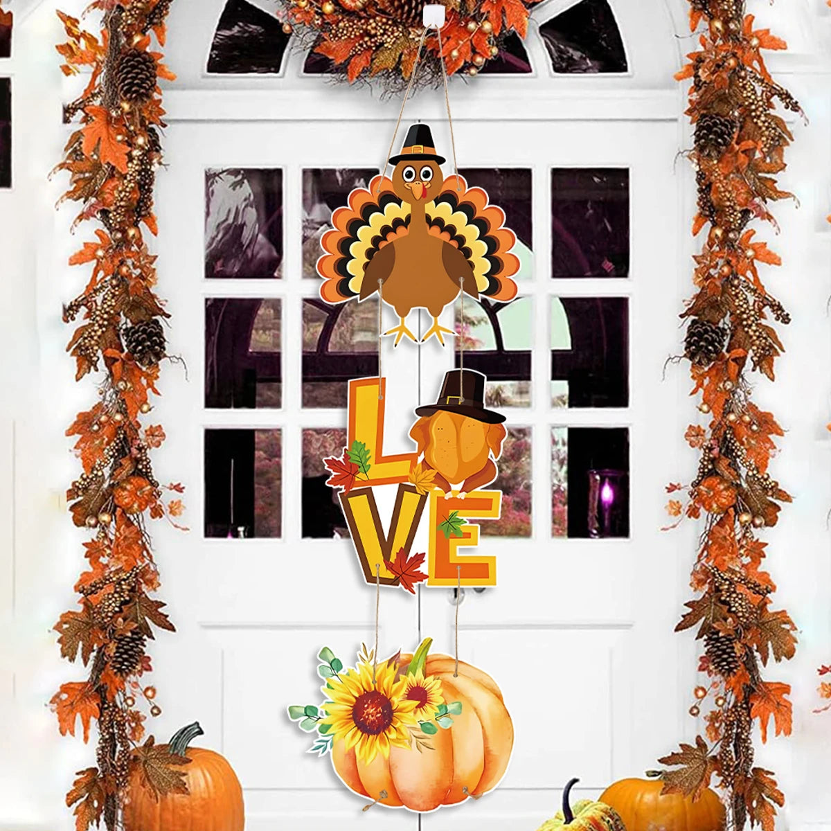 Happy Thanksgiving Day Door Banner Autumn Vine Wreath