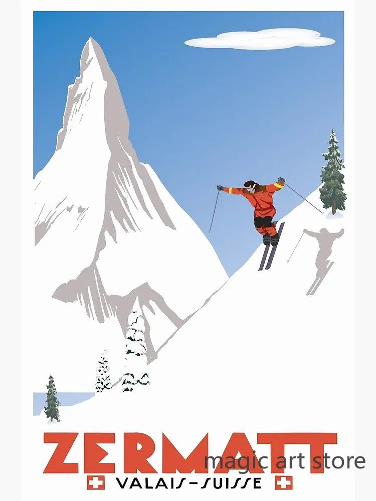 Retro Zermatt Chamonix Skiing Art Poster Vintage Australia