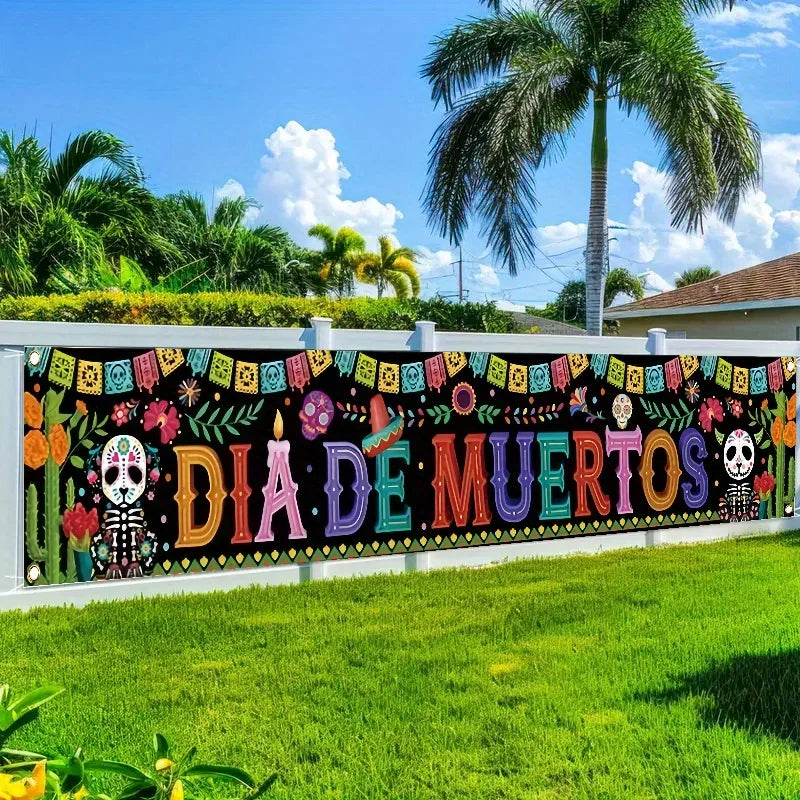 Day of the Dead skeletons and cacti, fences and banners,