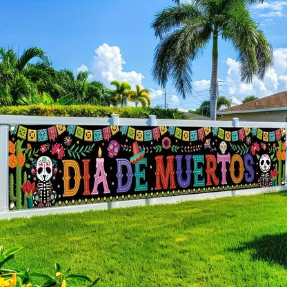 Day of the Dead skeletons and cacti, fences and banners,