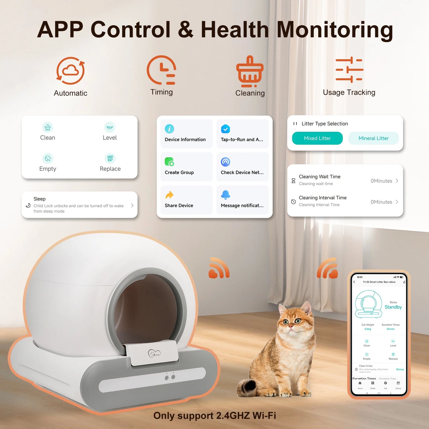 DOEL 65L Self-Cleaning Cat Litter Box App Control, ONLY Supports 2.4G WiFi