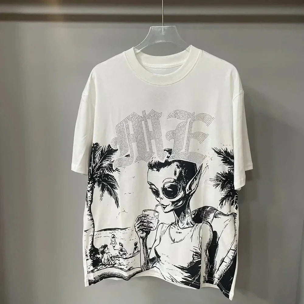 New Summer Letter Rhinestone Short Sleeve Black Men's T-Shirt