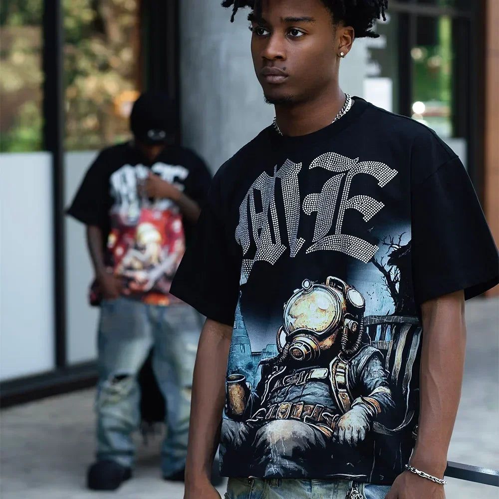 New Summer Letter Rhinestone Short Sleeve Black Men's T-Shirt