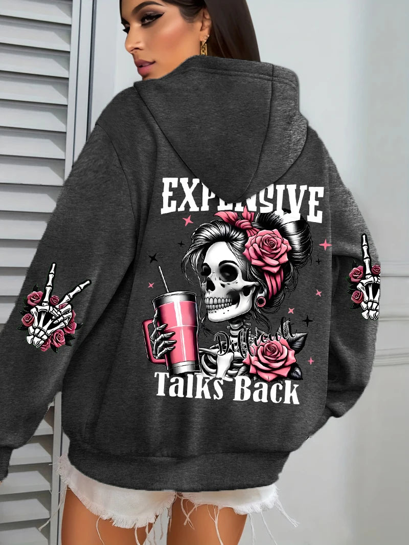 Expensive Talks Back Funny Printing Womens Hoodie Loose Multicolor