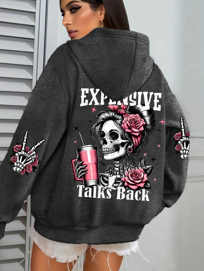 Expensive Talks Back Funny Printing Womens Hoodie Loose Multicolor