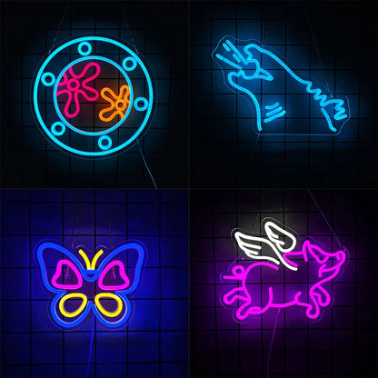 Animation Series Neon Signs, Cartoon Icons Handmade,