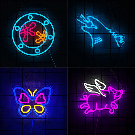 Animation Series Neon Signs, Cartoon Icons Handmade,