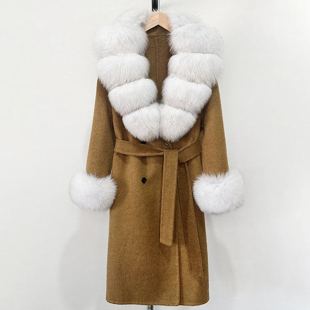 Wool Blends Coat Fashion Long Natural Warm Real Fox Fur Jacket