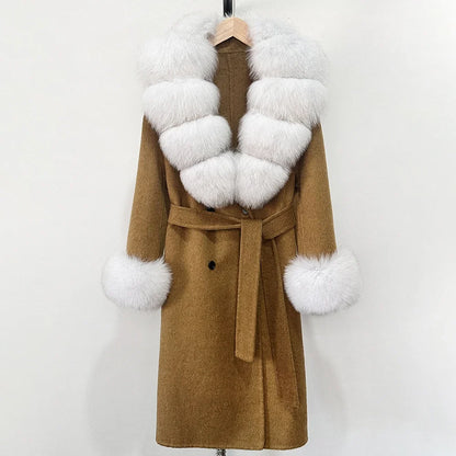 Wool Blends Coat Fashion Long Natural Warm Real Fox Fur Jacket