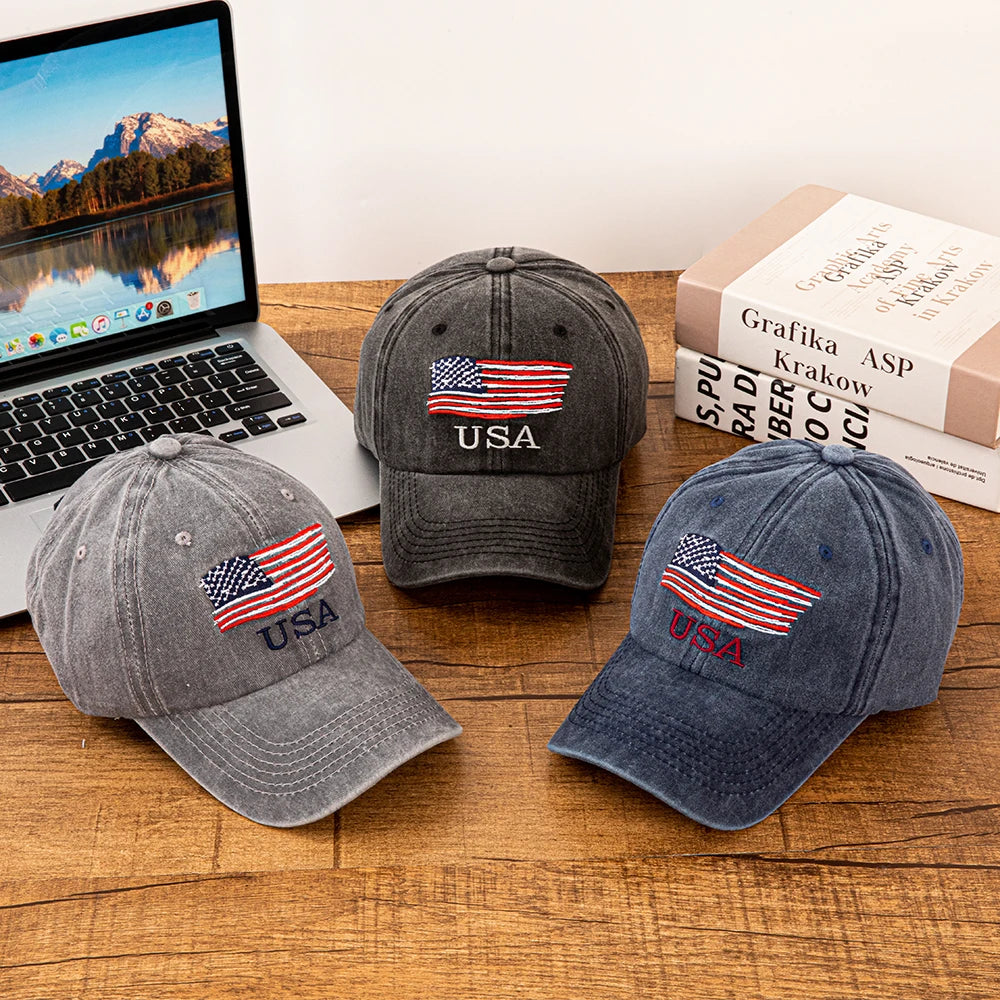 USA American Flag Embroidered Washed Cotton Baseball Cap