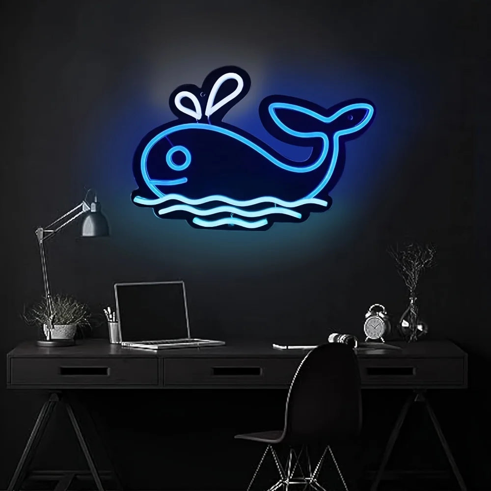 Blue Whales Neon Sign for Room Decor, LED Light