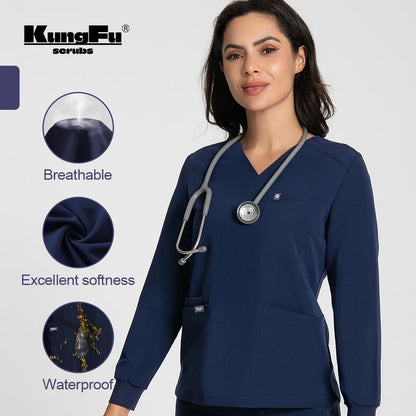 KUNGFU SCRUBS Women Long-sleeved Scrub Tops Nursing T-shirt