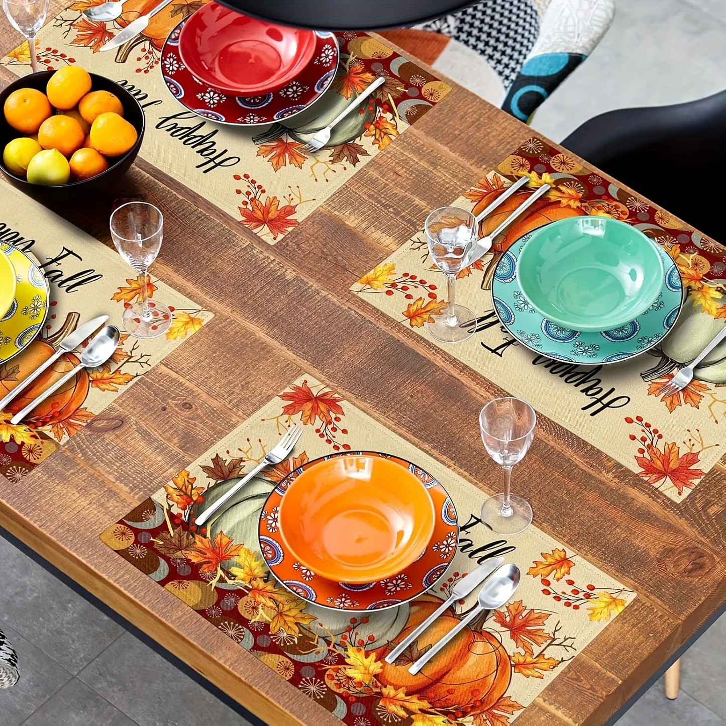 4pcs Thanksgiving Harvest Day Print Placemat Pumpkin
