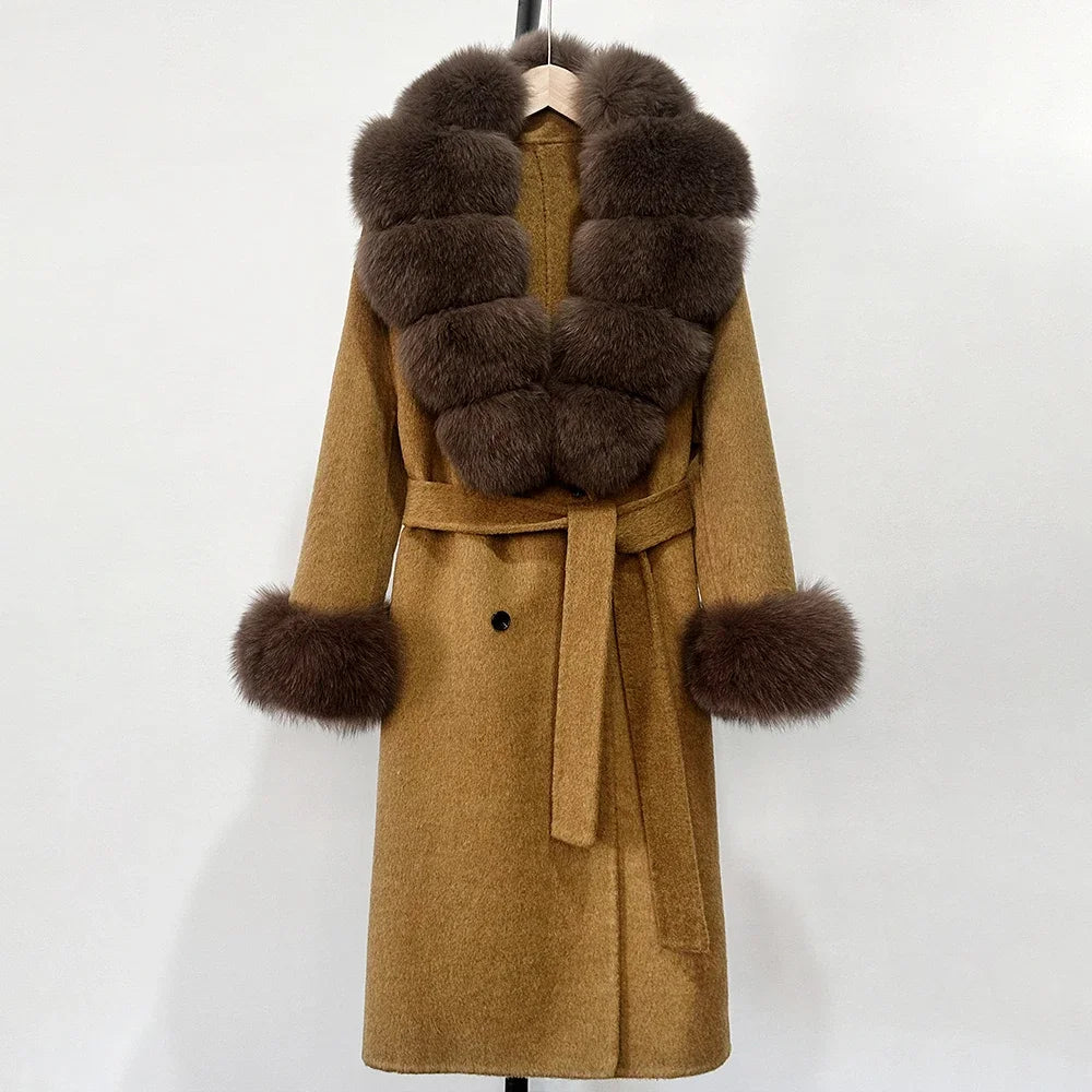 Wool Blends Coat Fashion Long Natural Warm Real Fox Fur Jacket