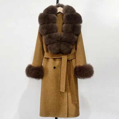 Wool Blends Coat Fashion Long Natural Warm Real Fox Fur Jacket