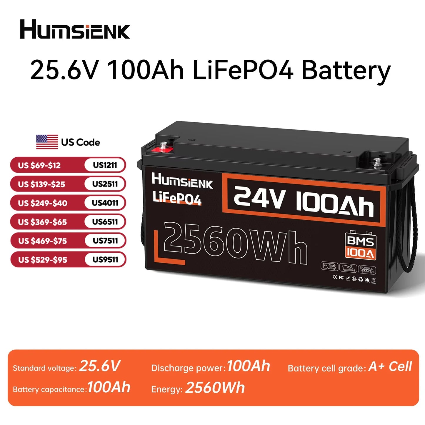 Humsienk 24V 100Ah LiFePO4 Battery 15000 Cycle 100A BMS UP 2560W